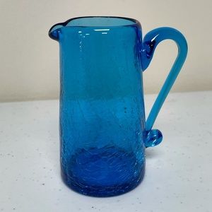 Vintage Mid Century Pilgrim Hand Blown Blue Crackle Glass Pitcher Vase Cruet